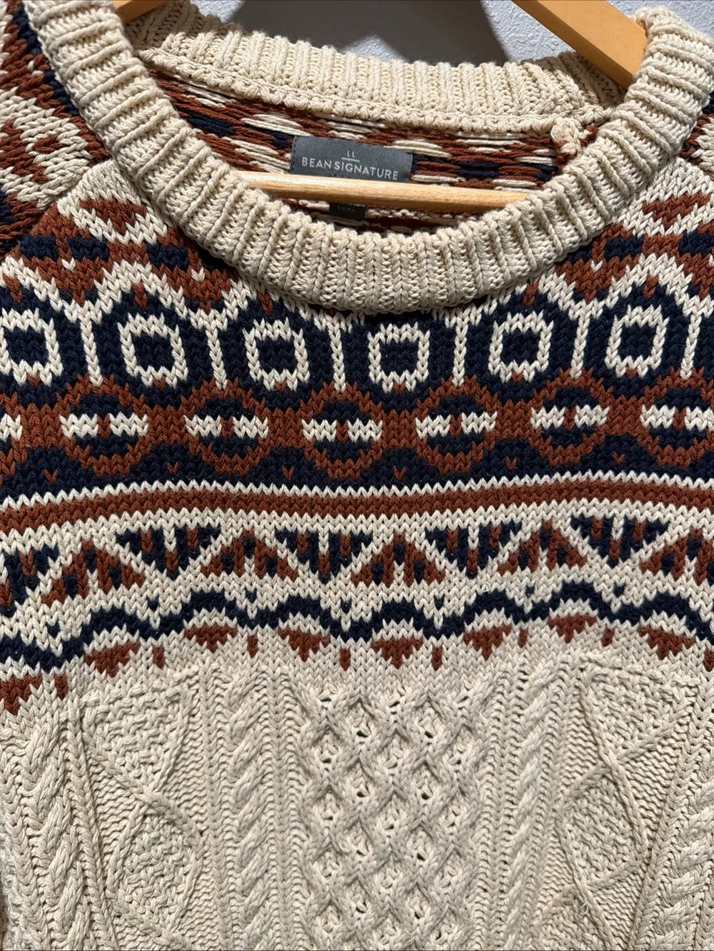 Cotton Fisherman Sweater by LL Bean Signature Fair Isles Cable Knit